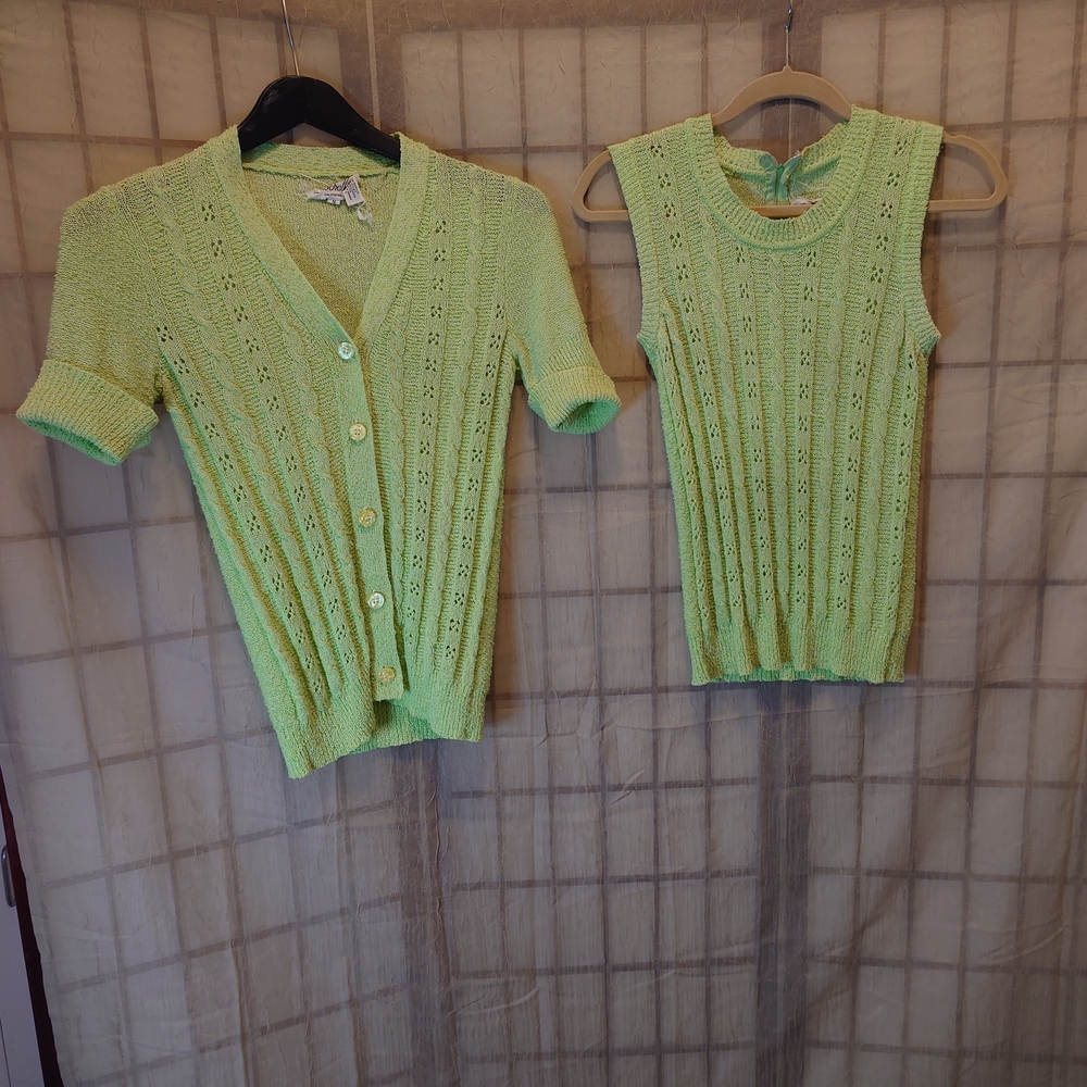 Lime Green Knit Cardigan and Sleeveless Top Set